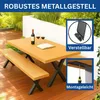 A wooden table and bench set on a wooden deck, with greenery in the background. Inset images highlight features. Produktbild-Vorschau