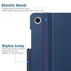 Close-up view of a dark blue tablet case, highlighting its elastic band and stylus loop features. Produktbild-Vorschau