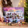 A child is holding a Schleich Horse Club Advent Calendar with toy horses and accessories displayed in front of it, with a Christmas tree in the background. Produktbild-Vorschau