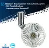 A close-up of a shower slider with a clear, fluted wheel and a chrome holder, set against a dark blue and white background with dotted patterns. Produktbild-Vorschau