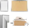 A collage of images showing a silver picture frame from different angles, including its back, a close-up of its corner, and a diagram with dimensions. Produktbild-Vorschau