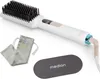 A white hair straightening brush with black bristles, along with its accessories, is displayed on a white background. Produktbild-Vorschau
