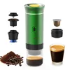 A green portable coffee maker with various accessories and a cup of coffee. Podgląd zdjęcia produktu