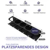 A diagram showing a black metal wall-mounted organizer with dimensions and feature callouts. Produktbild-Vorschau