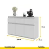 A white sideboard with three drawers and three doors, decorated with a vase of flowers and a decorative monkey statue. Dimensions are indicated. Náhľad obrázku produktu