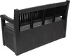 A dark-colored outdoor bench with storage. Produktbild-Vorschau