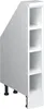 A white angled cabinet with four open shelves and black legs. Voir les images du produit