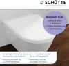 A white toilet seat is shown in a marketing image with text overlays highlighting features and compatibility. Anteprima dell’immagine prodotto