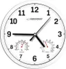 A white round wall clock with black numbers and hands, featuring integrated temperature and humidity gauges. Produktbild-Vorschau