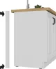 A white kitchen cabinet with a wooden countertop and a sink faucet. A white trim piece is shown next to the cabinet, with arrows indicating it is an accessory. Produktbild-Vorschau