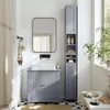 A modern bathroom with a gray vanity, sink, mirror, and a tall storage cabinet. Produktbild-Vorschau