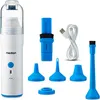 A white and blue MEDION hand vacuum cleaner with various attachments and a USB-C charging cable, displayed on a white background. Produktbild-Vorschau