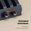 A close-up view of a dark gray radiator with threaded connections, highlighting a 50mm spacing measurement. Voir les images du produit