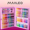 An open pink art supply case filled with various art supplies like crayons, colored pencils, and markers. Podgląd zdjęcia produktu