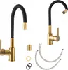 Two kitchen faucets with black flexible hoses and gold fixtures, along with some plumbing accessories, are displayed against a white background. Produktbild-Vorschau