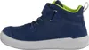 A side view of a blue children's high-top sneaker with a white sole and green accents. Produktbild-Vorschau