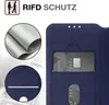 Close-up of a blue flip phone case with card slots and RFID protection. Produktbild-Vorschau