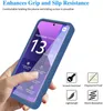A hand holding a blue phone case with a smartphone inside, showcasing features with icons and text. Produktbild-Vorschau