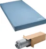 A blue mattress is shown from a diagonal angle, with a cardboard box containing a rolled-up gray item in the bottom right corner. Anteprima dell’immagine prodotto
