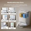 A marketing image showcasing the features of a multifunctional docking station for a robot vacuum cleaner, with multiple inset images illustrating different functions. Produktbild-Vorschau