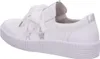 A side view of a white leather sneaker with white ribbon laces and a silver accent on the heel. Produktbild-Vorschau