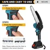 Instructions for using a cordless chainsaw, showing steps and chain installation. Náhled obrázku produktu