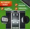 A marketing image for a metal garden shed, highlighting its features. Produktbild-Vorschau