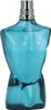 A blue glass perfume bottle shaped like a male torso. Voir les images du produit
