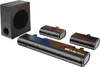 A black soundbar system with a subwoofer and two surround speakers, displayed on a white background. Produktbild-Vorschau