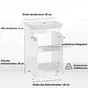 A white bathroom vanity with a sink, showing dimensions and features. Produktbild-Vorschau