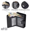 A black leather wallet is shown open, displaying euro banknotes and credit cards. Inset circles highlight specific features like bill compartments, clear ID windows, and the snap closure. Text annotations point out these features. Produktbild-Vorschau