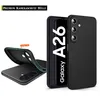 A black phone case is shown with a phone inside, displaying the 'Galaxy A26' model. Another case is shown bent to demonstrate flexibility. Produktbild-Vorschau