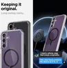 A split image showing phone cases on the left and a phone case with a magnetic charger on the right, with text overlays. Podgląd zdjęcia produktu