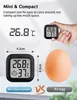 A collage showing a small digital thermometer and its dimensions compared to an egg, with marketing text emphasizing its compact size. Produktbild-Vorschau