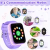 Collage of images showing a purple smartwatch and various communication modes with children. Produktbild-Vorschau