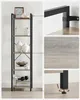 A collage of images showing a tall, narrow bookshelf with a metal frame and wooden shelves, along with close-up details of its construction and material. Náhľad obrázku produktu
