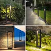 Collage of four images showing modern outdoor pathway lights in various garden and patio settings. Produktbild-Vorschau