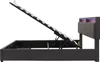 A side view of a bed frame with the mattress support lifted, revealing storage space underneath. The headboard has integrated LED lighting. Produktbild-Vorschau