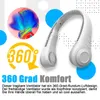 Collage showcasing a white neck fan with colorful abstract graphics and text highlighting its features. Produktbild-Vorschau