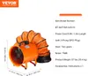 An orange industrial fan with an attached orange flexible duct is shown next to a white box containing product specifications. Voir les images du produit