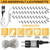Diagram showing a low-voltage LED light chain with a power cord and various icons representing features. Náhled obrázku produktu