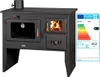 A black wood-burning stove with an oven and a metal plate, shown with an energy efficiency label. Anteprima dell’immagine prodotto