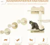 A cat is sitting on a wall-mounted cat tree with several platforms and scratching posts. The image also shows icons representing different cat activities and text in German. Náhled obrázku produktu