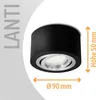 A black cylindrical LED ceiling spotlight with silver accents, shown with dimensions indicated by orange arrows and text. Produktbild-Vorschau