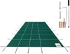 A green pool safety cover is laid out on a white background, with various accessories for installation shown to the right. Produktbild-Vorschau