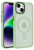 A close-up shot of a green iPhone 14 case with a transparent back, showing the MagSafe ring and Apple logo. Produktbild-Vorschau