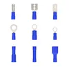 A collection of electrical connectors, including spade connectors, ring terminals, and butt connectors, arranged in a grid against a white background. Produktbild-Vorschau
