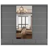 A gray sliding door wardrobe with a mirror in the center, reflecting a bedroom interior. Voir les images du produit