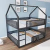 A bunk bed with a house-like frame is shown in a room with blue walls and wooden floors. Produktbild-Vorschau