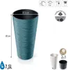 A product image of a tall, teal planter with dimensions and features indicated by text and icons. Anteprima dell’immagine prodotto